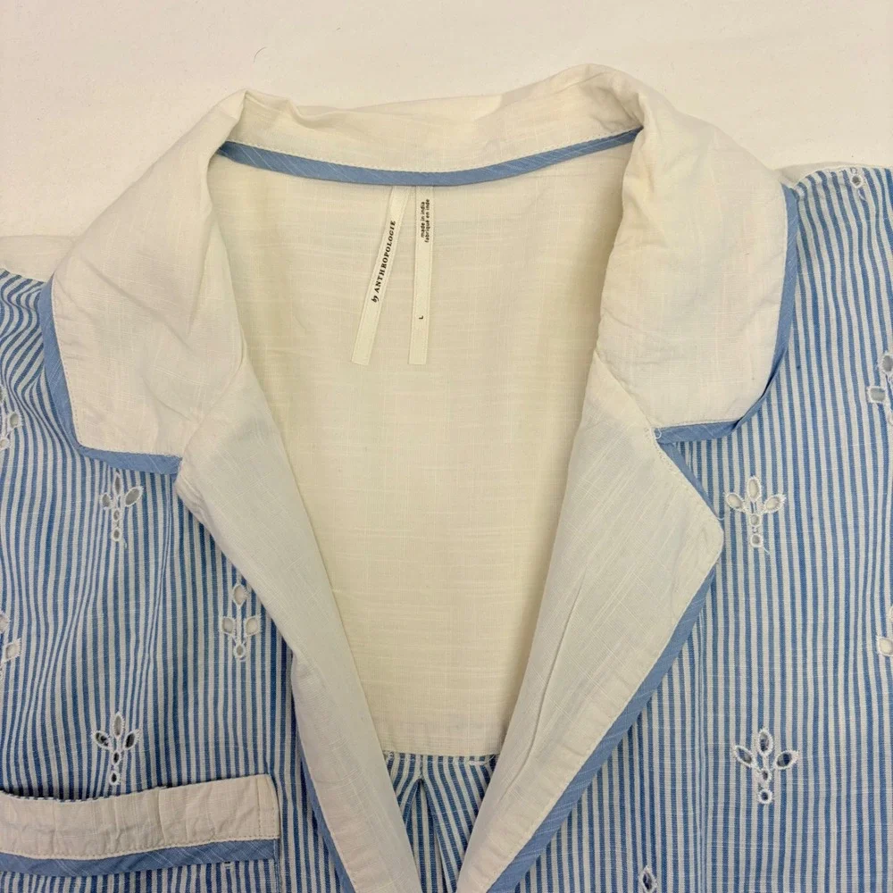 Anthropologie Eyelet Striped Midi Shirtdress Women L Blue White Coastal Cottage